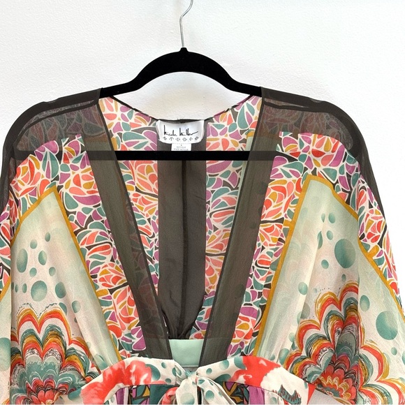 Vintage Nicole Miller Silk Chiffon Kimono Top Sheer Floral Tie Front Size Small - Picture 3 of 13